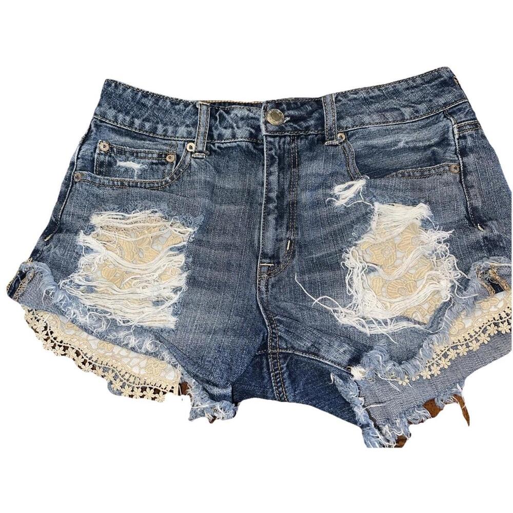 American Eagle Outfitters Distressed Denim Shorts - Blue and Cream